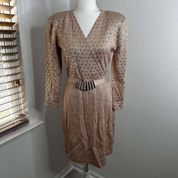 Vtg St John Dress Sz S/M Gold Metallic Santana Knit Long Sleeve Belted Faux Wrap - Picture 1 of 16